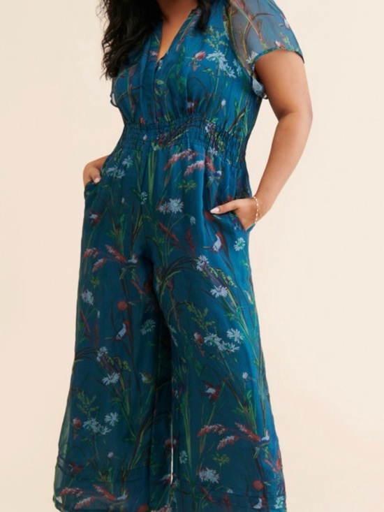 Anthropologie Pants - Anthropologie Teal Floral Short-Sleeve Smocked Jumpsuit